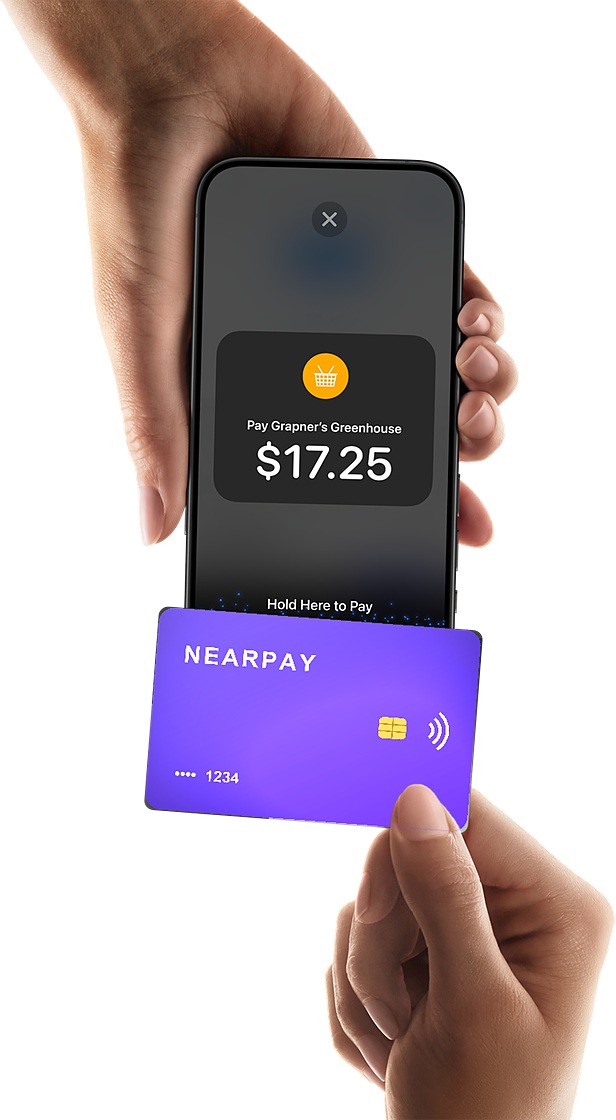 A hand holding an iPhone showing a $17.25 charge while another hand taps a NearPay card against it.
