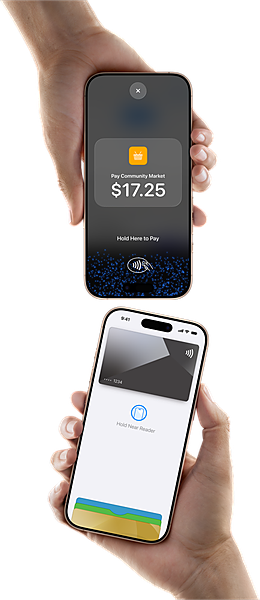 Two hands holding iPhones, one showing a $17.25 charge to hold near the reader and one paying with Apple Pay.