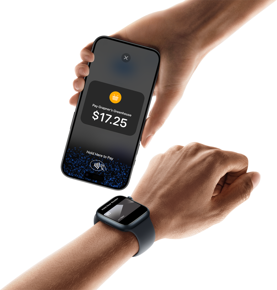Accepting a payment from an Apple Watch held near an iPhone showing $17.25.
