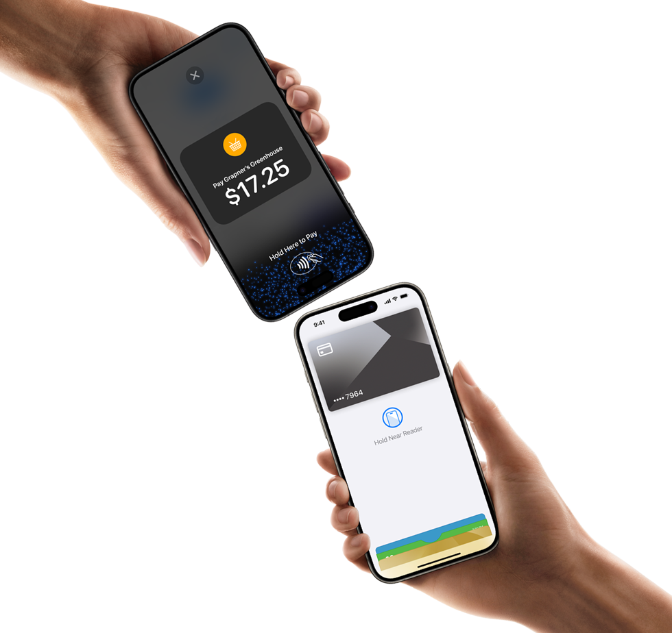 Two iPhones, one showing the payment screen and one showing a card in Wallet.